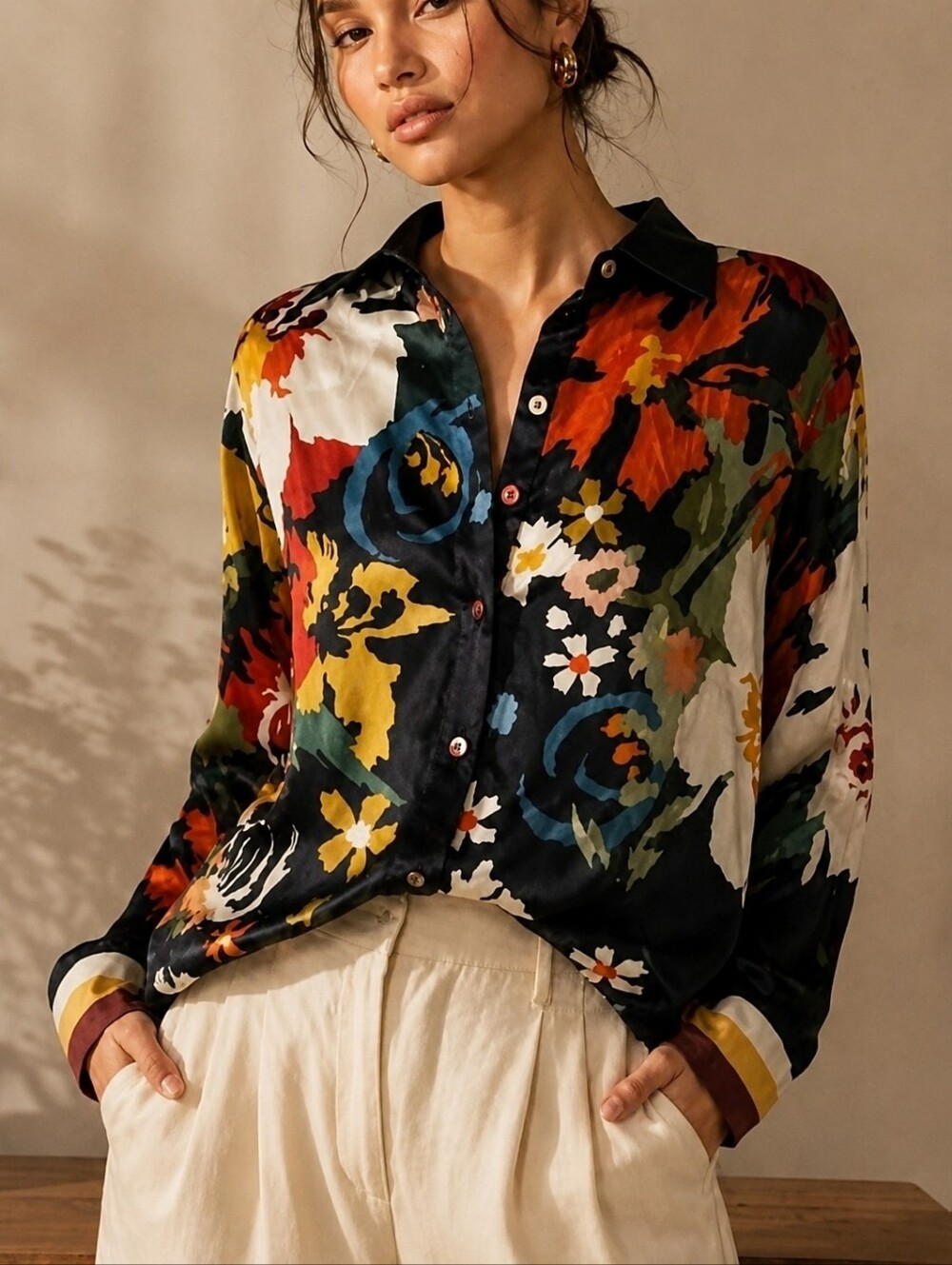 Conditions Apply Anthropologie | Floral Satin Button-Up Blouse, Size M